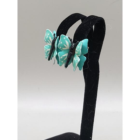 Vintage Turquoise Enamel Butterfly Clip On Earrings 1950s - Picture 7 of 9